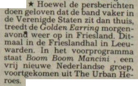 Golden Earring show ad February 02, 1985 Leeuwarden - Frieslandhal in Leeuwarder Courant february 01 1985